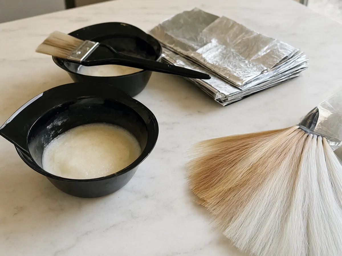 Tint bowls of blonde lightener, foils and a fan of blonde hair swatches on white marble
