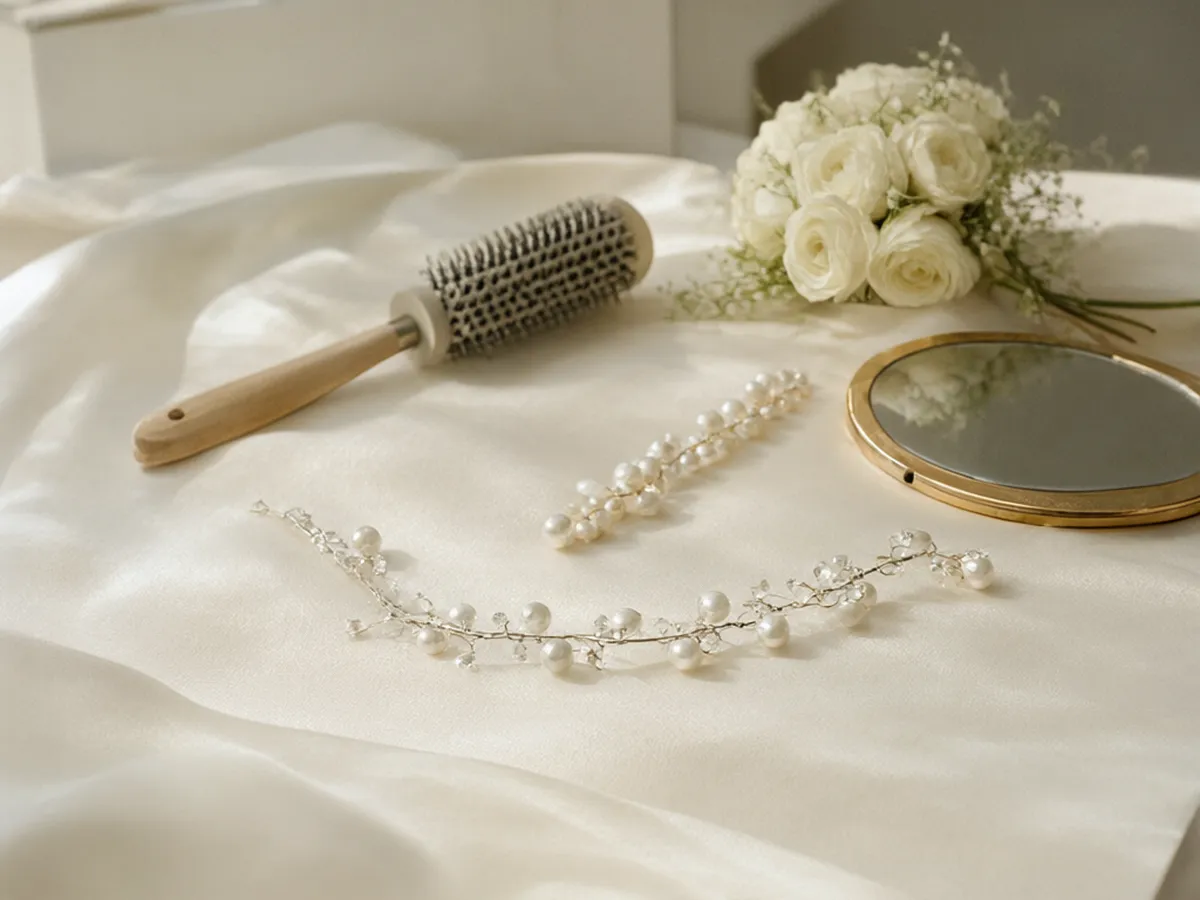 Pearl hair pins and a crystal hair vine on cream silk beside white roses