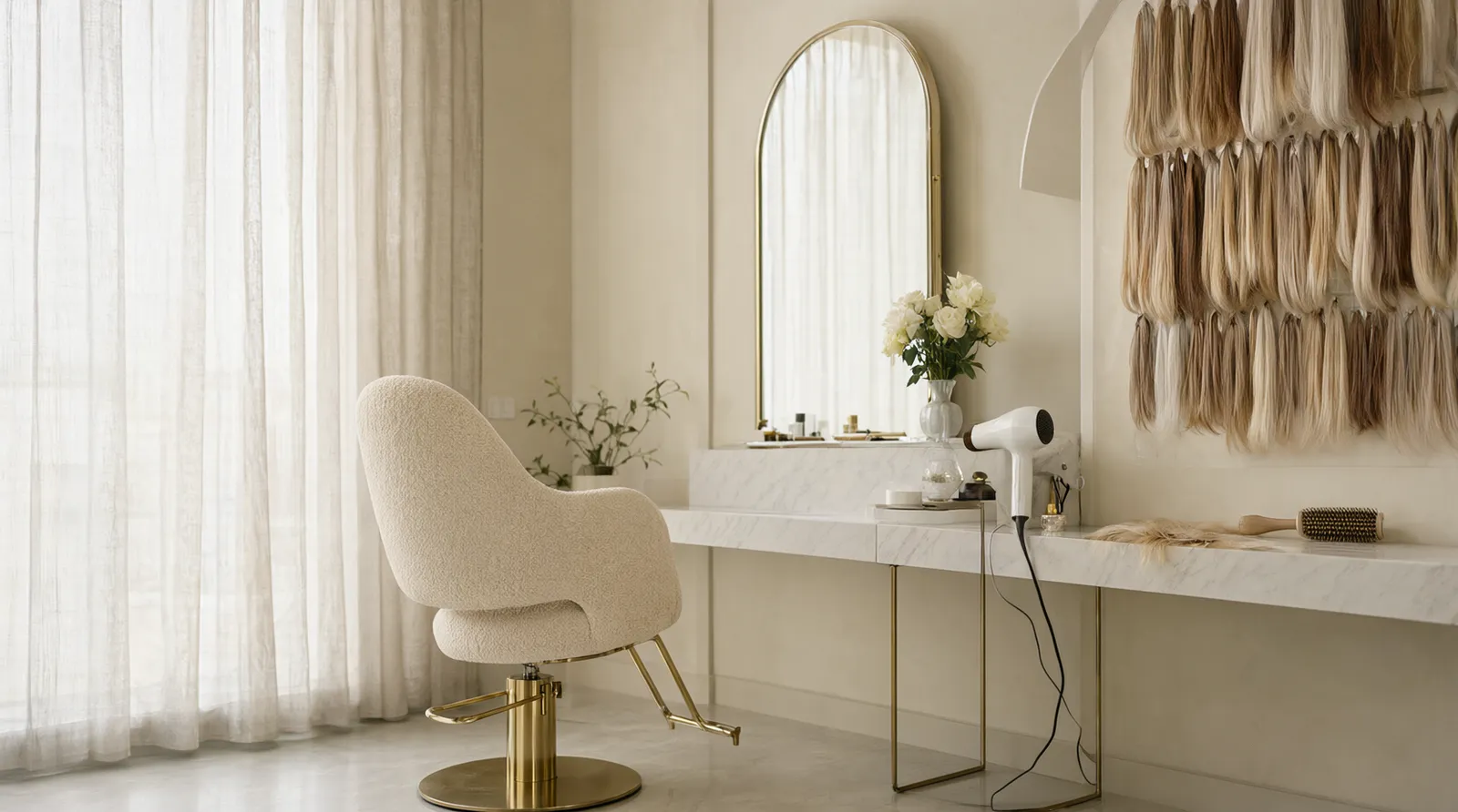 A light-filled salon with a cream styling chair, an arched gold mirror and a wall of blonde hair extensions