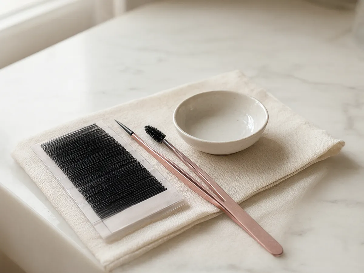 Lash strips, rose-gold tweezers and a spoolie on a cream linen cloth